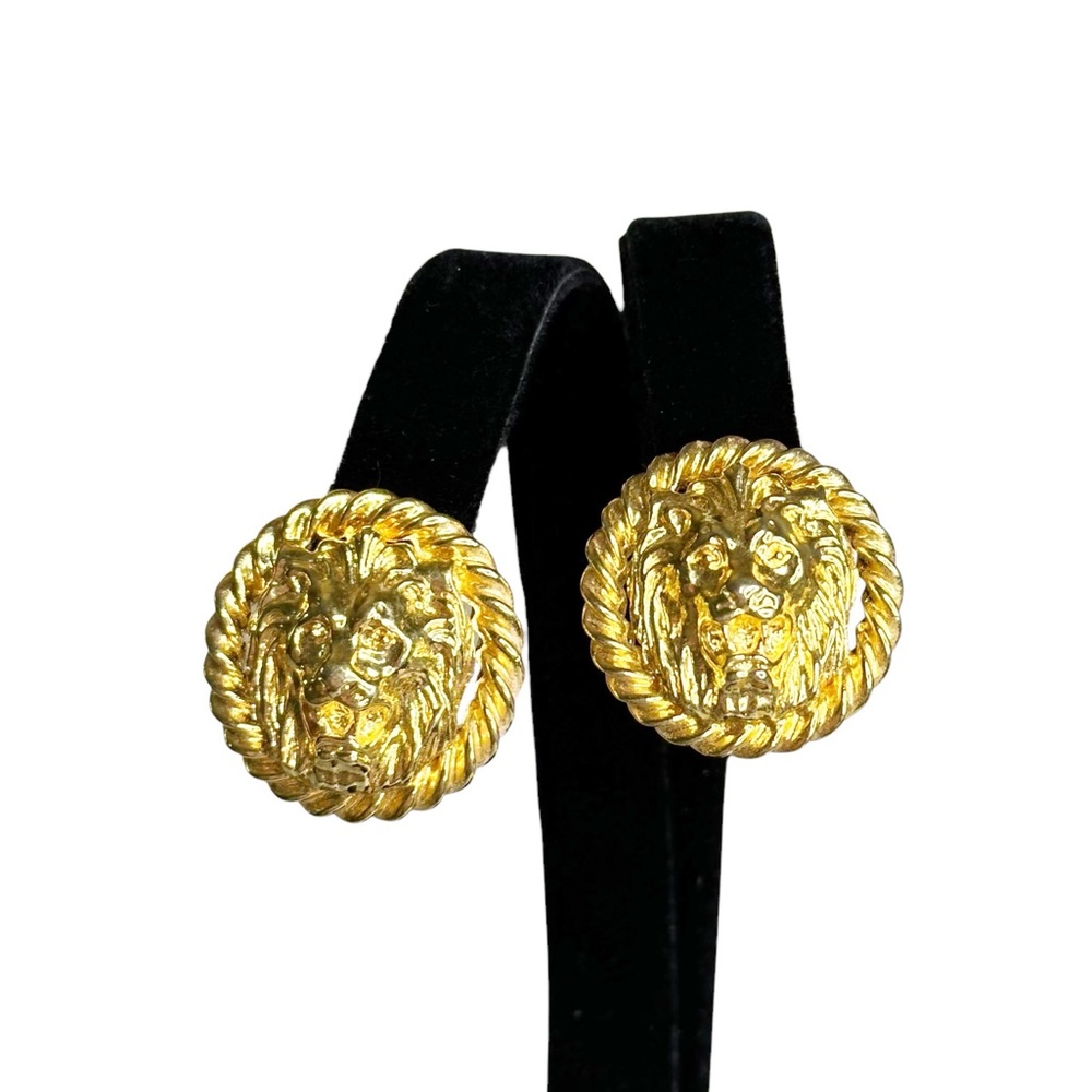 Vintage 80s Lion Head Gaudy Gold Tone Pierced Earrings